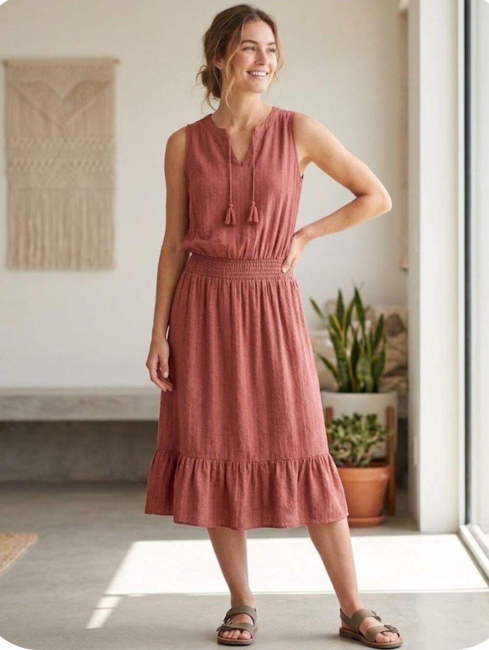 Prana Sentinel Rust-Tone Sleeveless Maxi Dress with Smocked Waist